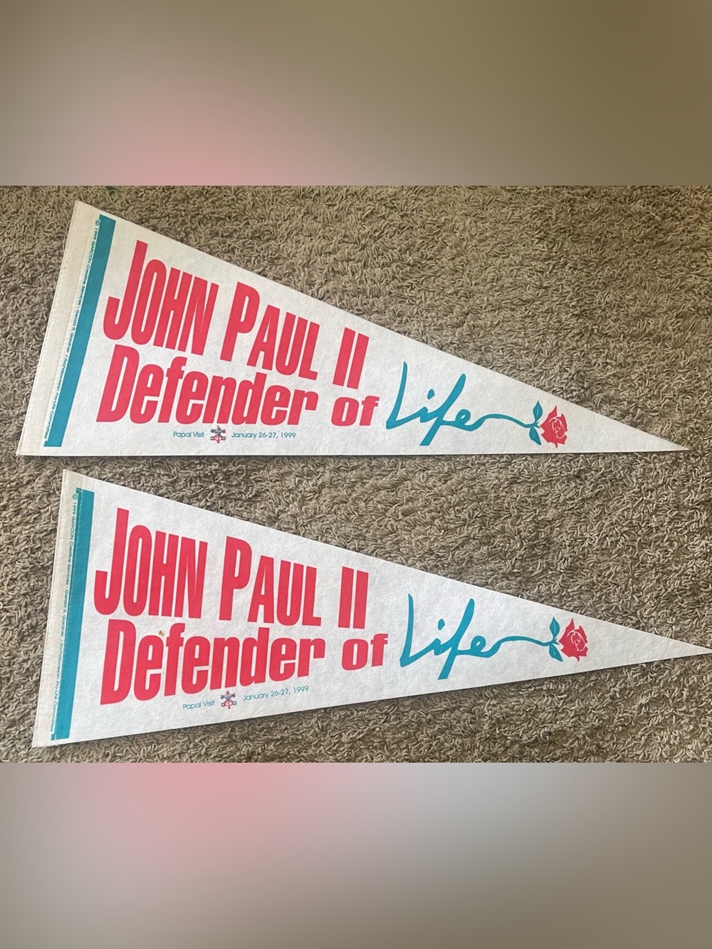John Paul II Defender of Life 1999 Papal Visit Pennants Set of 2 Vintage
